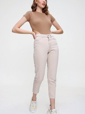 Bej Sade Mom Kot Pantolon