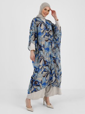 Ekru Saks Çiçek Desenli Önden Düğmeli Ferace