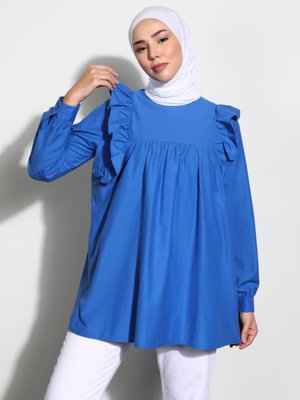 Fırfır Detaylı Poplin Tunik Saks Fırfır Detaylı Poplin Tunik Saks