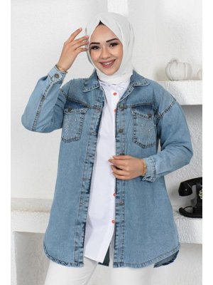 Mavi İnci Detaylı Kot Ceket Mavi İnci Detaylı Kot Ceket