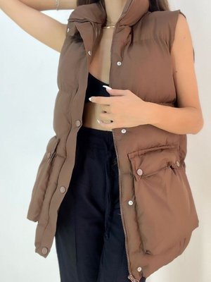 Kahverengi Dik Yaka Paket Cepli Şişme Yelek