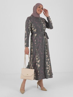 Mürdüm Büyük Beden Desenli Elbise