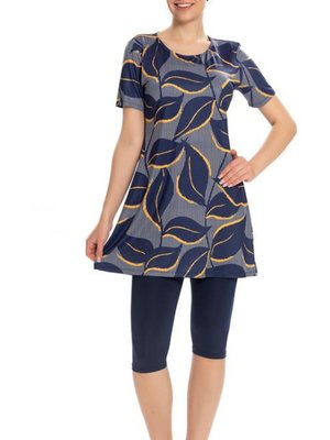 Lacivert Kol Kısakol Yaprak Desenli Mayo Lacivert Kol Kısakol Yaprak Desenli Mayo