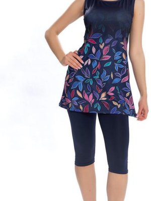 Lacivert Alt Detay Renkli Yaprak Desenli Mayo