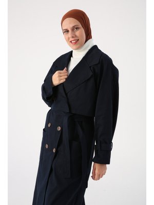 Lacivert Pamuklu Kuşaklı Çift Kullanımlı Trençkot