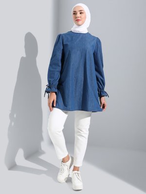 Mavi Kol Detaylı Denim Tunik