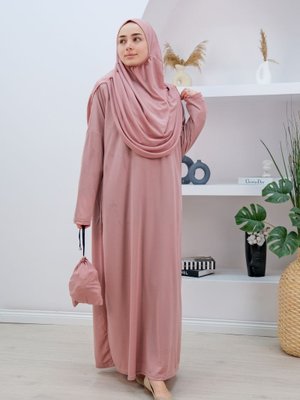 Cantalı Tek Parca Namaz Elbısesı Gul Kurusu