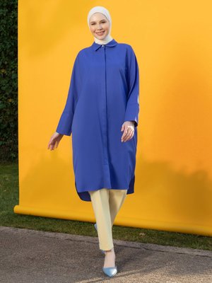 Saks Geniş Manşet Poplin Gömlek Tunik Saks Geniş Manşet Poplin Gömlek Tunik