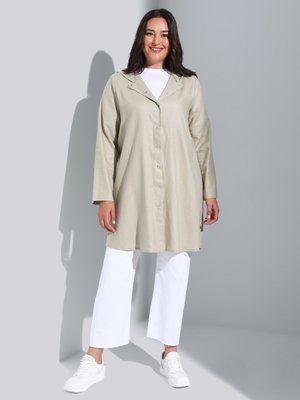 Bej Büyük Beden Kapüşonlu Çıtçıtlı Keten Tunik