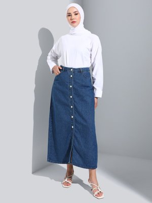 Mavi Düğme Detaylı Denim Kot Etek Mavi Düğme Detaylı Denim Kot Etek
