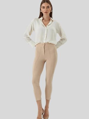 Bej Yüksek Bel Çimalı Dar Paça Pantolon