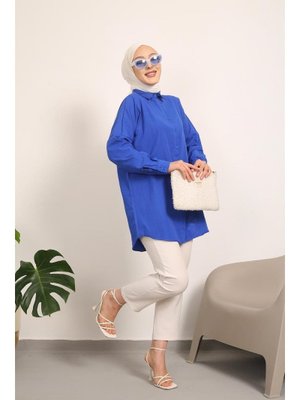 Saks Mavi Düz Terikoton Salaş Gömlek