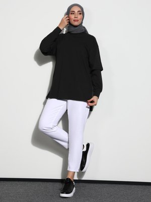 Siyah Doğal Kumaşlı Kendinden Kol Detaylı Basic Tunik