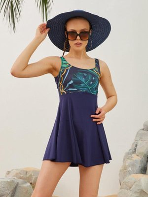 Lacivert Şortlu Zincir Desenli Elbiseli Mayo Lacivert Şortlu Zincir Desenli Elbiseli Mayo