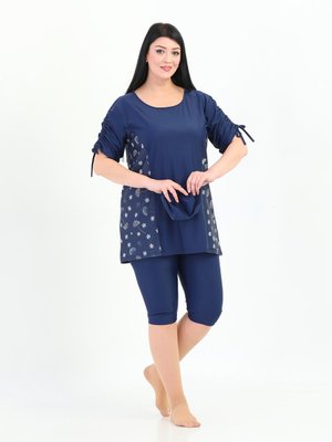 Lacivert Aysu Çiçek Desenli Büyük Beden Havuz Mayosu