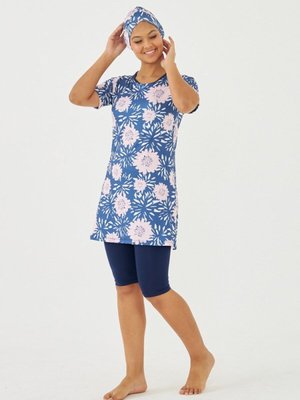 Lacivert Kol Hızlı Kuruyan Mor Çiçek Desenli Mayo Lacivert Kol Hızlı Kuruyan Mor Çiçek Desenli Mayo