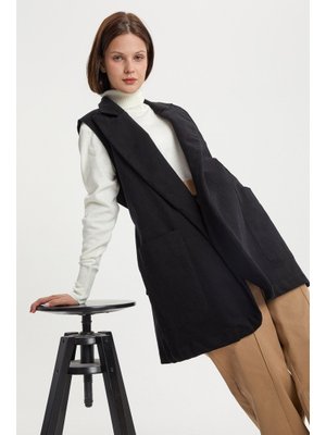 Siyah Pamuklu Ceket Yakalı Kuşaklı Uzun Yelek