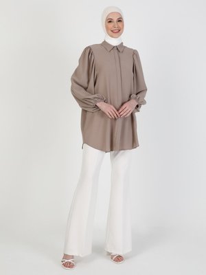 Vintage Haki İpek Tuşeli Volümlü Kol Detaylı Tunik