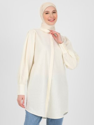 Off White Keten Gizli Pat Uzun Tunik