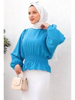 Mavi Beli Gipe Lastikli Bluz Mavi Beli Gipe Lastikli Bluz