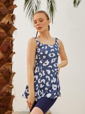 Lacivert Taytlı Elbiseli Beyaz Taş Desenli Mayo Lacivert Taytlı Elbiseli Beyaz Taş Desenli Mayo