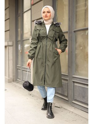 Haki Ön Cep Kesik Detay Kürklü Mont