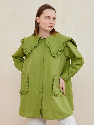 Fıstık Yeşili Cebi Ve Yakası Fırfırlı Gömlek Fıstık Yeşili Cebi Ve Yakası Fırfırlı Gömlek