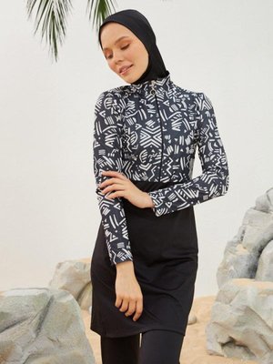 Siyah Fermuarlı Likralı Afrikan Desenli Tam Kapalı Mayo Siyah Fermuarlı Likralı Afrikan Desenli Tam Kapalı Mayo