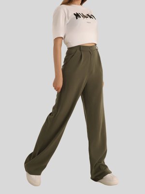 Haki Yüksek Bel Ayrobin Palazzo Pantolon