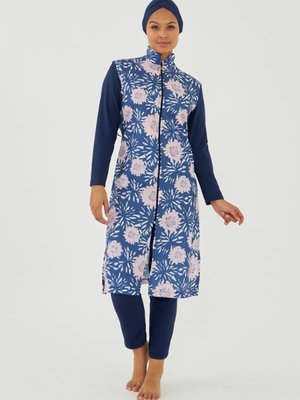 Lacivert Uzun Kol Çiçek Tablosu Desenli Tam Kapalı Mayo