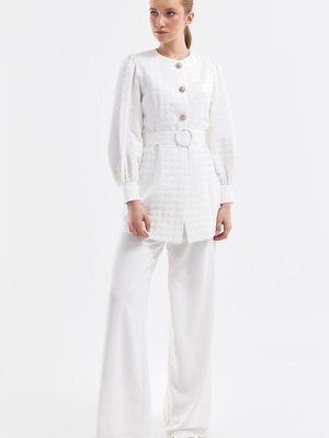 Optik Beyaz Kemerli Balon Kol Ceket