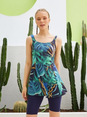 Lacivert Taytlı Elbiseli Zincir Desenli Askılı Mayo Lacivert Taytlı Elbiseli Zincir Desenli Askılı Mayo