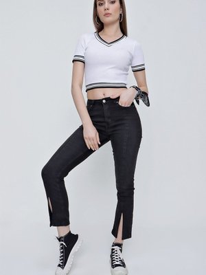 Füme Paça Yırtmaçlı Yüksek Bel Kot Pantolon