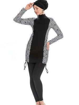 Siyah Yan Detaylar Kare Desenli Tam Kapalı Mayo Siyah Yan Detaylar Kare Desenli Tam Kapalı Mayo