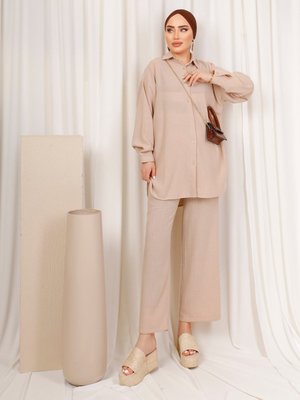 Krem Keten Kumaşından Pantolonlu Takım
