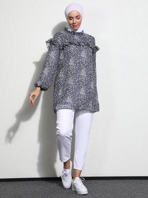 Gri Leopar Desenli Astarlı Şifon Tunik Gri Leopar Desenli Astarlı Şifon Tunik