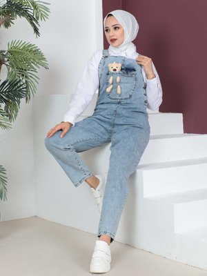 Mavi Pelüş Ayıcıklı Kot Tulum Mavi Pelüş Ayıcıklı Kot Tulum