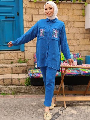 İndigo İşlemeli Keten Takım