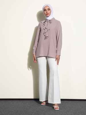 Derin Pembe İpek Tuşeli Fırfır Detaylı Tunik