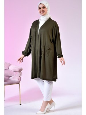 Haki Kadin Buyuk Beden Metal Tokalı Petek Hırka