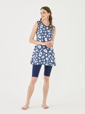 Lacivert Sıfır Kol Deniz Kabuğu Desenli Mayo