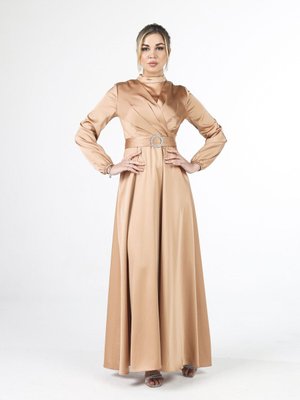 Gold Anvelop Detaylı Saten Abiye Elbise Gold Anvelop Detaylı Saten Abiye Elbise