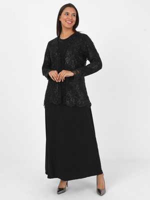 Siyah Taş İşlemeli Dantel Büyük Beden Abiye Elbise İkili Takım