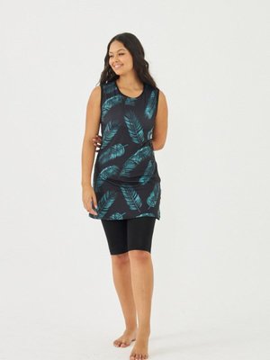 Siyah Sıfır Kol Palmiye Desen Mayo