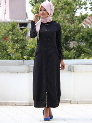 Siyah Doğal Kumaşlı Kapüşonlu Pardesü