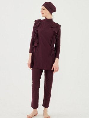 Mor Bordo Yan Volanlı Likralı Tam Kapalı Mayo