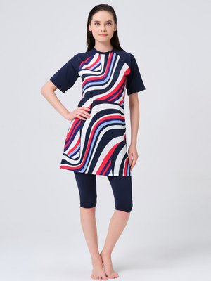 Lacivert Desenli Reglan Yarım Kol Yarı Kapalı Mayo