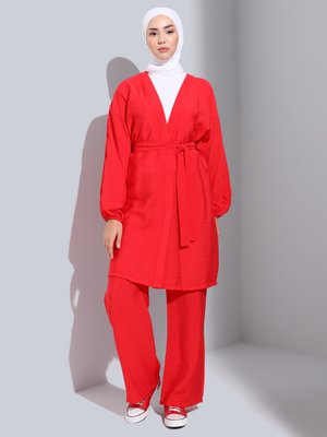 Kırmızı Kuşak Detaylı Kimono & Pantolon İkili Takım