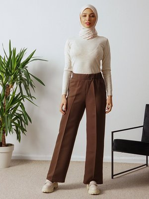 Kahverengi Double Kumaş Lastikli Pantolon