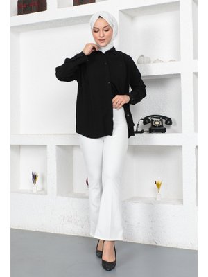 Ekru Beli Lastikli İspanyol Paça Pantolon Ekru Beli Lastikli İspanyol Paça Pantolon